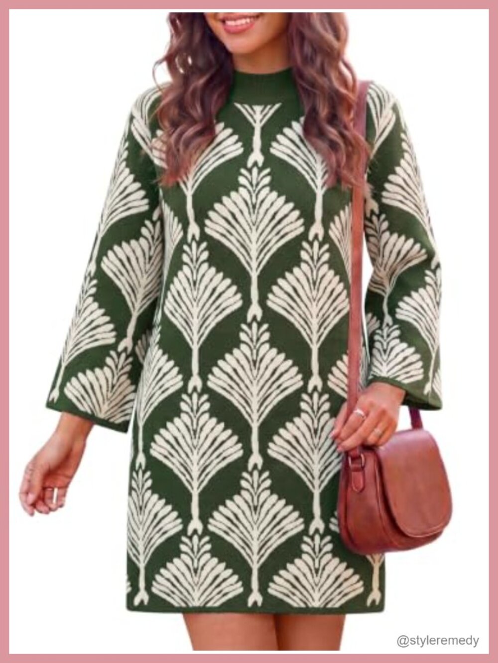 Knit Sweater Dress Mock Neck 3/4 Bell Sleeve Floral Mini